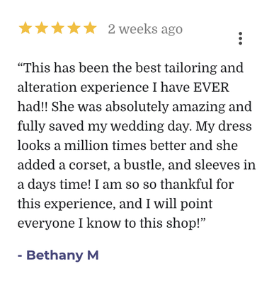 Customer Testimonials - Roya Bridal is proud to offer exceptional tailoring results for your big event! From hemming to full customization, we can do it all. Let our team take the stress away and ensure that your dress, suit, or formalwear is tailored perfectly to YOU! Call for an appointment or drop in today. Customer Testimonials - Roya Bridal is proud to offer exceptional tailoring results for your big event! From hemming to full customization, we can do it all. Let our team take the stress away and ensure that your dress, suit, or formalwear is tailored perfectly to YOU! Call for an appointment or drop in today.
