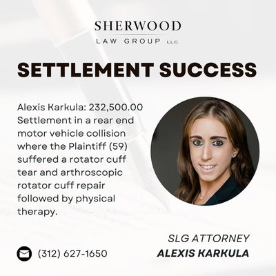 $232,500.00 Settlement Update - Alexis Karkula: 232,500.00 Settlement in a rear end motor vehicle collision where the Plaintiff (59) suffered a rotator cuff tear and arthroscopic rotator cuff repair followed by physical therapy. Settlement included recovery of the entire policy limits of the Defendant, at fault, driver and within the underinsured coverage of the Plaintiff’s vehicle.