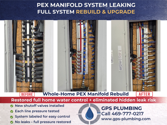 Pex Manifold - PEX Manifold System Rebuild & Replacement
Many homes in Frisco and surrounding North Texas areas are equipped with PEX manifold (Manibloc-style) plumbing systems. While these systems allow individual shutoff control to each fixture, they can become a major problem as they age—especially when leaks develop inside the wall.
In this home, the existing manifold system had begun leaking and could no longer provide reliable water control. We performed a full system rebuild, installing new shutoff valves, securing all connections, and upgrading the manifold for long-term durability.
Each individual line was pressure tested and verified to ensure proper operation throughout the home. We also clearly labeled every shutoff valve, giving the homeowner full control of their plumbing system without needing to shut off water to the entire house.
✔ Replaced leaking PEX manifold system
✔ Installed new individual shutoff valves
✔ Pressure tested each water line
✔ Labeled system for easy homeowner use
✔ Restored full water pressure with no leaks
PEX manifold systems are often hidden behind walls, and many homeowners don’t realize there’s an issue until a leak occurs. Upgrading or rebuilding these systems can prevent water damage and improve overall plumbing reliability.
GPS Plumbing provides PEX manifold repair, replacement, and whole-home plumbing upgrades in Frisco, Plano, McKinney, Allen, and surrounding North Texas communities. Pex Manifold - PEX Manifold System Rebuild & Replacement
Many homes in Frisco and surrounding North Texas areas are equipped with PEX manifold (Manibloc-style) plumbing systems. While these systems allow individual shutoff control to each fixture, they can become a major problem as they age—especially when leaks develop inside the wall.
In this home, the existing manifold system had begun leaking and could no longer provide reliable water control. We performed a full system rebuild, installing new shutoff valves, securing all connections, and upgrading the manifold for long-term durability.
Each individual line was pressure tested and verified to ensure proper operation throughout the home. We also clearly labeled every shutoff valve, giving the homeowner full control of their plumbing system without needing to shut off water to the entire house.
✔ Replaced leaking PEX manifold system
✔ Installed new individual shutoff valves
✔ Pressure tested each water line
✔ Labeled system for easy homeowner use
✔ Restored full water pressure with no leaks
PEX manifold systems are often hidden behind walls, and many homeowners don’t realize there’s an issue until a leak occurs. Upgrading or rebuilding these systems can prevent water damage and improve overall plumbing reliability.
GPS Plumbing provides PEX manifold repair, replacement, and whole-home plumbing upgrades in Frisco, Plano, McKinney, Allen, and surrounding North Texas communities.