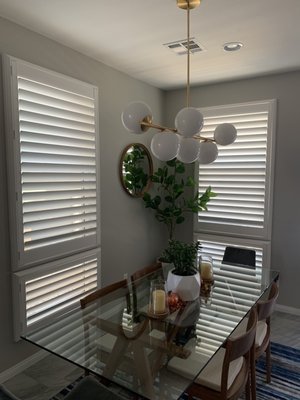 Beautiful Express Shutters throughout the entire Home! - This Shutter install was completed in Summer of 2022 in the Cadence, Henderson area!   We installed the Alta Express Shutter in 25 openings throughout this new home!  The shutters have 3.5" Louvers with decorative outside mount frames.   We chose to do outside mount in order to add height to some of the shorter windows!   This allowed us to add more louvers and give those small openings a better look!
