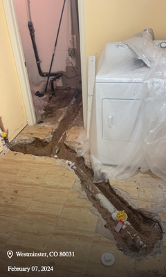 Interior repair, Replacement of old cast iron pipe in Westminster, CO - Interior repair. Under concrete slab replacement of old cast iron pipe. Demo patched concrete.

Review from Client: Denver Sewer and Water was excellent. They were able to inspect on Friday and the replacement of the drain lines was complete on the following Wednesday. Very professional, cannot recommend enough.