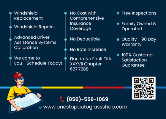 No Cost Replacement - Did you know your windshield is considered SAFETY equipment and critical to your driving experience by your insurance carrier? Still, you may be worried about the hassle of making an insurance claim. We've got your back! And WE handle the entire process all the way from filing and billing the insurance claim to repairing or installing your new windshield. In many cases, there's no cost to you when you carry comprehensive coverage in the state of Florida. Call us today to find our more! No Cost Replacement - Did you know your windshield is considered SAFETY equipment and critical to your driving experience by your insurance carrier? Still, you may be worried about the hassle of making an insurance claim. We've got your back! And WE handle the entire process all the way from filing and billing the insurance claim to repairing or installing your new windshield. In many cases, there's no cost to you when you carry comprehensive coverage in the state of Florida. Call us today to find our more!