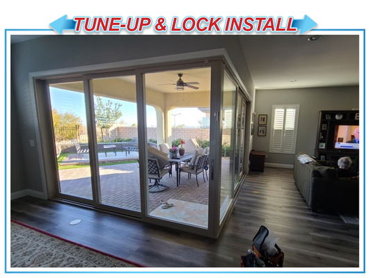 Sliding Door Tune-up & New Pin Lock Installation - Complete sliding door tune-up service including a track cleaning, door adjustment, lock adjustment, and a new pin lock installed.