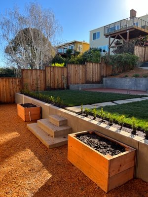 A multitude of finish options - This backyard was a nonfunctioning space prior to remodel. Walls creating leveled spaces allows this family to relax and entertain on the patio, let kids to play in the grass and grow their own herbs and veggies in the lower level. A multitude of finish options - This backyard was a nonfunctioning space prior to remodel. Walls creating leveled spaces allows this family to relax and entertain on the patio, let kids to play in the grass and grow their own herbs and veggies in the lower level.
