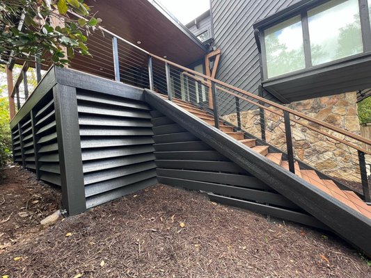 Exterior Staining and Painting - Beautifully wood stained and painted exterior porch. Exterior Staining and Painting - Beautifully wood stained and painted exterior porch.