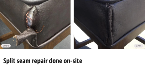 Light Upholstery Repair Service - We have the skill and tools to offer common on-site upholstery repairs such as split cushion seams, dustcover replacement, button replacement, wobbly leg repair, foam replacement, fixing squeaky frames, spring replacement, recliner mechanism repair and replacement, torn corner repair, and more.