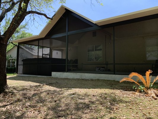 Custom Screen Room - We poured a three level patio so they can enjoy there swim spa while also having a living space. We then installed a patio cover that matched their eve design of the house and wrapped the perimeter with screen walls to keep the bugs out Custom Screen Room - We poured a three level patio so they can enjoy there swim spa while also having a living space. We then installed a patio cover that matched their eve design of the house and wrapped the perimeter with screen walls to keep the bugs out