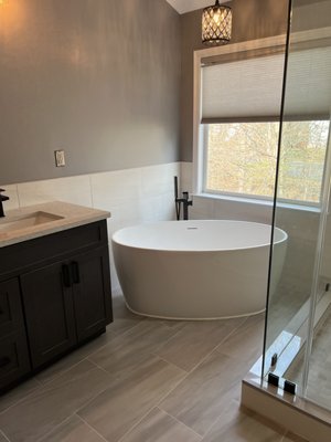 Master bath remodeling in Potomac falls - complete master bath renovation, free standing tub, custom vanity, lighting, fancy shower enclosure, pocket door Master bath remodeling in Potomac falls - complete master bath renovation, free standing tub, custom vanity, lighting, fancy shower enclosure, pocket door