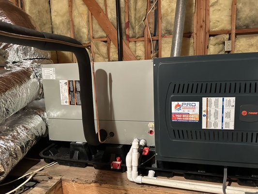 Palm Valley C.C - This A/C heat pump was installed in the attic. Plenty of room to work in. however ductwork was falling apart and leaking in attic. old furnace was over 30 years old, In these situations new plenums and ductwork is necessary to get maximum airflow and efficiency of  this new  Trane 2 stage 17 seer2 heat pump system 😎