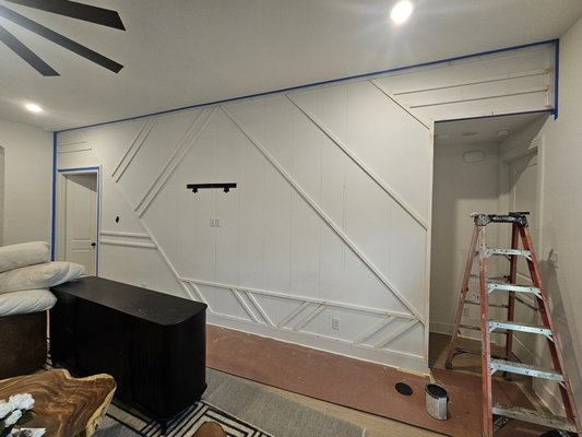 Black accent Wall and Ceiling - The design was chosen from the customer. We went ahead and putty,caulked,primed,sanded, and painted this wall as it took 2 days to complete with this beautiful small acent ceiling. Black accent Wall and Ceiling - The design was chosen from the customer. We went ahead and putty,caulked,primed,sanded, and painted this wall as it took 2 days to complete with this beautiful small acent ceiling.