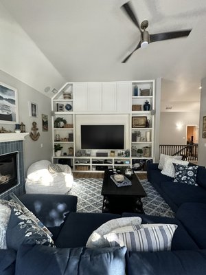 Entertainment Center - We built a partition wall to this huge loft/game room and turn it into a great movie room / bedroom. Give us a call for your free estimate.
