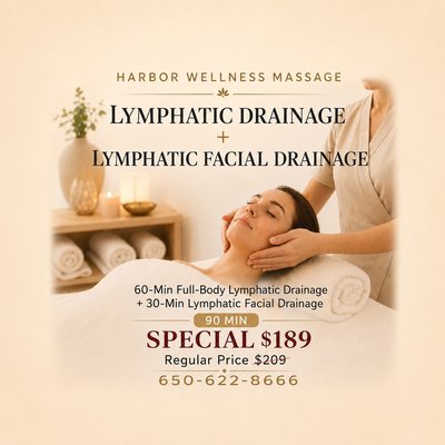Refresh & Renew: Lymphatic Drainage + Facial Special - 🎯 Headline: Refresh & Renew: Lymphatic Drainage + Facial Special! 🌸Feeling a bit sluggish, bloated, or noticing morning puffiness? It’s time for a deep, soothing reset.Our signature 90-Min Premium Combo is thoughtfully designed to support body circulation, promote natural relaxation, and gently sculpt your jawline:✨ 60-Min Full-Body Lymphatic Drainage: Helps relieve fluid retention and promotes systemic circulation.✨ 30-Min Lymphatic Facial: Gently depuffs, brightens, and restores your skin's natural, healthy glow.💰 Grand Opening Special: $189 (Regular $209)📍 Address: 1658 El Camino Real, San Carlos, CA 94070 (Easy street parking right in front!)