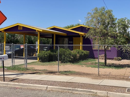 The Laker House in central Tucson, Arizona. - 25 year old home received Weather proofing of windows and doors, painted body and facia. Painted wrought irons doors and window bars. Custom colors NBA LA Lakers. The Laker House in central Tucson, Arizona. - 25 year old home received Weather proofing of windows and doors, painted body and facia. Painted wrought irons doors and window bars. Custom colors NBA LA Lakers.