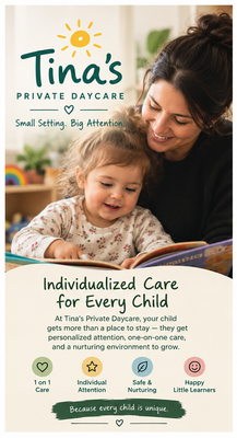 Daycare  In Home - Subject: Enrollment Opportunities at Tina’s Home Private Daycare

Dear Parents,

We are pleased to announce that Tina’s Home Private Daycare currently has openings available for children from infancy and up. Conveniently located in Markham, at the intersection of 16th Ave and 48, as well as 16th and 9th Line, we have been dedicated to providing quality childcare for over 30 years.

Our daycare offers a clean and nurturing environment, with ongoing sanitization practices in place to ensure the health and safety of all children. We adhere strictly to all protocols concerning contagious illnesses.

Operating hours are Monday through Friday, from 6:00 AM to 6:00 PM. We provide wholesome meals, including breakfast, home-cooked lunches, snacks, milk, and fresh spring water. You can have peace of mind knowing that your child will be cared for with love and attention.

For children aged 18 months and older, we offer a structured preschool program. Our staff is ECE certified, and we ensure our First Aid and CPR certifications are updated annually, complying with all relevant rules and regulations.

For further information or to inquire about enrollment, please feel free to call or text us at 416-892-0585. 

Thank you, and we look forward to welcoming you and your child to our daycare.

Best regards,
Tina  
Tina’s Home Private Daycare