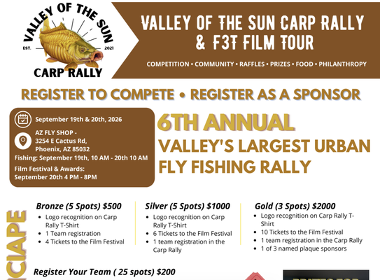 Carp Rally & F3T Film Tour! Sept 20th from 4pm-8pm - The 20th Annual Fly Fishing Film Tour (F3T) is coming to Phoenix for a milestone anniversary celebration at the Desert Botanical Garden! Whether you’re a seasoned angler, an outdoor enthusiast, or simply love inspiring stories and stunning cinematography, this is an event you won’t want to miss. Carp Rally & F3T Film Tour! Sept 20th from 4pm-8pm - The 20th Annual Fly Fishing Film Tour (F3T) is coming to Phoenix for a milestone anniversary celebration at the Desert Botanical Garden! Whether you’re a seasoned angler, an outdoor enthusiast, or simply love inspiring stories and stunning cinematography, this is an event you won’t want to miss.