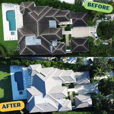 Roof Cleaning Service - These are before and after pictures of roof cleaning we have performed in South Florida. The before pictures shows clay tiles covered in black algae and mildew. Our cleaning solution is chlorine-free and is EPA approved. The treatment is low pressure wash and good for 18 months . The service comes with a two year written warranty and is pet, plant and people friendly.