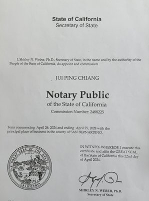 Certified Notary for all your needs! - Welcome to my notary business, where professionalism meets reliability. I'm certified by the Board of California, to ensure that all your notarial needs are handled with the utmost precision and integrity. With extensive experience in notarizing a wide range of documents, including real estate transactions, affidavits, powers of attorney, and more, I'm committed to providing exceptional service. Trust me to be your partner in ensuring the legality and authenticity of your important documents. Certified Notary for all your needs! - Welcome to my notary business, where professionalism meets reliability. I'm certified by the Board of California, to ensure that all your notarial needs are handled with the utmost precision and integrity. With extensive experience in notarizing a wide range of documents, including real estate transactions, affidavits, powers of attorney, and more, I'm committed to providing exceptional service. Trust me to be your partner in ensuring the legality and authenticity of your important documents.