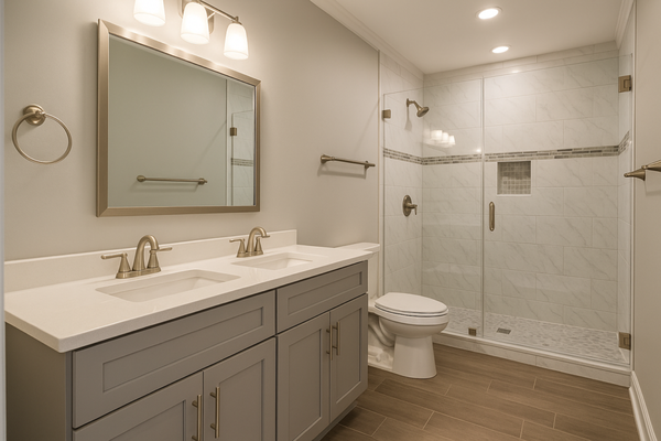 Crafted Comfort Bathroom Remodel - This project transformed an outdated bathroom into a bright, modern space designed for everyday comfort and style. We removed the old fixtures and finishes, re-tiled the entire shower with a clean, timeless pattern, and installed a new double vanity with quartz countertops and brushed nickel hardware. The warm wood tones and soft lighting tie everything together, creating a space that feels fresh, functional, and high-end without losing its inviting character. Crafted Comfort Bathroom Remodel - This project transformed an outdated bathroom into a bright, modern space designed for everyday comfort and style. We removed the old fixtures and finishes, re-tiled the entire shower with a clean, timeless pattern, and installed a new double vanity with quartz countertops and brushed nickel hardware. The warm wood tones and soft lighting tie everything together, creating a space that feels fresh, functional, and high-end without losing its inviting character.