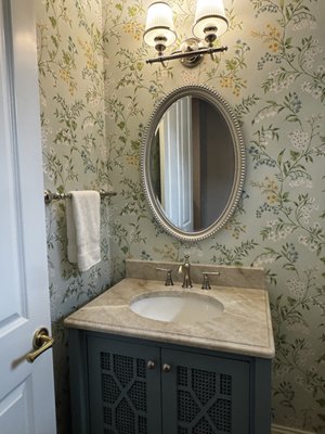 Quartzite Powder Bath 2025 - This new construction project was located in the Mandarin area of Jacksonville, and features a powder bath in 3cm "Taj Mahal" quartzite.