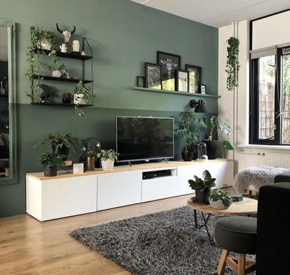 Modern accent wall transformation - Create a true wow-effect in your living room with our Modern Accent Wall Transformation! The deep green accent wall combined with sleek white cabinets and stylish shelving brings a perfect blend of coziness and modern chic. Lush greenery and smart zoning turn your space into the ideal spot for relaxing or entertaining friends. The perfect solution for anyone who values harmony, style, and functionality.