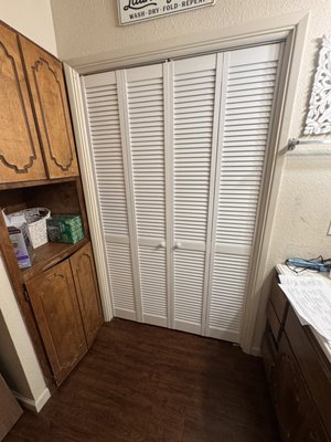 Closet Bifold Door Replacement - Replaced old, damaged closet doors with new white louvered bifold doors. The new doors were fitted and aligned for smooth operation and a clean, finished appearance. This simple upgrade gave the laundry area a fresh, updated look while keeping the closet easily accessible.” Closet Bifold Door Replacement - Replaced old, damaged closet doors with new white louvered bifold doors. The new doors were fitted and aligned for smooth operation and a clean, finished appearance. This simple upgrade gave the laundry area a fresh, updated look while keeping the closet easily accessible.”