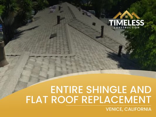 Entire shingle and flat roof replacement in Venice - The team of Timeless Construction has done an entire shingle and flat roof replacement in Venice.
We used top-quality Sand Castle materials by Owens Corning for the shingle roof and the highest quality Polyfresko materials by Polyglass for the flat roof.