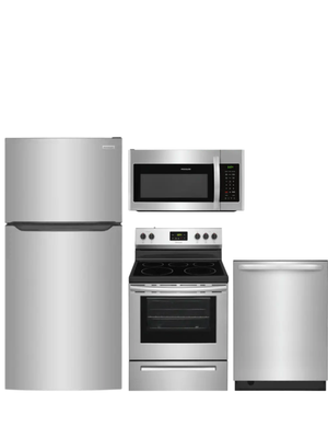 Frigidaire 4 Piece Stainless Steel Kitchen Package - Frigidaire 4 Piece Stainless Steel Kitchen Package with a top freezer refrigerator, over the range microwave, built in dishwasher, and freestanding gas range