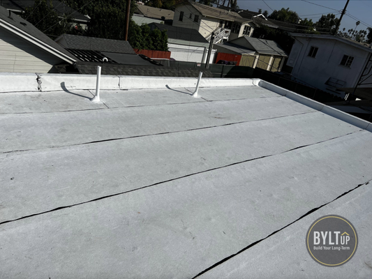 GAF Ruberoid Energy Cap FR Modified Bitumen Roof System - GAF Ruberoid Energy Cap FR Modified Bitumen Roof System on Roswell Ave. in Long Beach, CA. GAF Ruberoid Energy Cap FR Modified Bitumen Roof System - GAF Ruberoid Energy Cap FR Modified Bitumen Roof System on Roswell Ave. in Long Beach, CA.