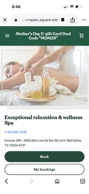 Happy Mother’s Day Special - "Quiet the chaos. Pamper the Mom." The ultimate Mother’s Day reset.
Happy mother day E-gift card 10% off shopping code “MOM26”
Forever SPA
Shopping link
https://foreverspatx.square.site/ Happy Mother’s Day Special - "Quiet the chaos. Pamper the Mom." The ultimate Mother’s Day reset.
Happy mother day E-gift card 10% off shopping code “MOM26”
Forever SPA
Shopping link
https://foreverspatx.square.site/