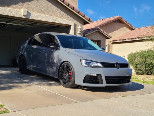 Mk6 VW Jetta - KPMF Gloss Ominous Gray - Full vinyl wrap on the volkswagon jetta.
film used: KPMF Gloss Ominous Gray and 3M 2080 Gloss Black for the mirrors
started out with a full detail along with some slight body work upon customers request. He also requested we removed the ppf on the vehicle as well. Handles and rear wing were removed to ensure a cleaner end product. badges were also deleted from customer request. vehicle went through another set of cleaning and claybar before the wrap. full wrap completed in 6 days. Mk6 VW Jetta - KPMF Gloss Ominous Gray - Full vinyl wrap on the volkswagon jetta.
film used: KPMF Gloss Ominous Gray and 3M 2080 Gloss Black for the mirrors
started out with a full detail along with some slight body work upon customers request. He also requested we removed the ppf on the vehicle as well. Handles and rear wing were removed to ensure a cleaner end product. badges were also deleted from customer request. vehicle went through another set of cleaning and claybar before the wrap. full wrap completed in 6 days.