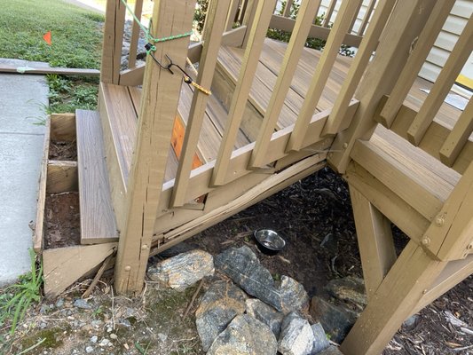 From “I need some steps replaced” to “sir, your whole deck is rotted.” - The owner initially wanted just the steps to be replaced because they were rotten. When I first started looking at the wood, it was evident that there was significant rotting and an ant infestation. The deck had to be torn apart and the before and after pictures show the progress through the work done. From “I need some steps replaced” to “sir, your whole deck is rotted.” - The owner initially wanted just the steps to be replaced because they were rotten. When I first started looking at the wood, it was evident that there was significant rotting and an ant infestation. The deck had to be torn apart and the before and after pictures show the progress through the work done.