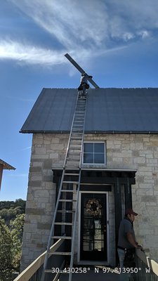 Standing seam metal roof installation - Standing seam metal roof installation in Austin 78750 area. Project involved removing existing metal panels and installing standing seam snap lock panels and then adding half round galvanized gutters with round downspouts. Standing seam metal roof installation - Standing seam metal roof installation in Austin 78750 area. Project involved removing existing metal panels and installing standing seam snap lock panels and then adding half round galvanized gutters with round downspouts.