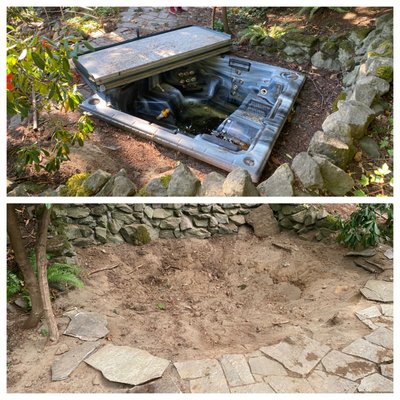In Ground hot tub removal - This was an in ground hot tub removal. In order to accomplish this task, which is no easy feat. You need to have a good plan and the right tools. This job took us the better part of two days. I recommend that you have the following. A skill saw, a hack saw or chainsaw, large sludge hammer, pry bars, a wench or large tow straps. We dug roughly 3ft down around the entire hot tub. At that point we were able leverage the tub enough using straps and a large tree and it popped right out.