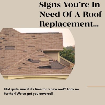 Signs You Are In Need Of A Roof Replacement or Repair - Not quite sure of your roof's condition? Look no further we've got you covered! Here are a few signs that you're in need of a new roof!Whether it's a storm, wind, fire damage, aging roof, a leaky roof, or repairs to your gutters or plumbing, no job is too big or too small! Call us today and schedule your free comprehensive inspection! Signs You Are In Need Of A Roof Replacement or Repair - Not quite sure of your roof's condition? Look no further we've got you covered! Here are a few signs that you're in need of a new roof!Whether it's a storm, wind, fire damage, aging roof, a leaky roof, or repairs to your gutters or plumbing, no job is too big or too small! Call us today and schedule your free comprehensive inspection!