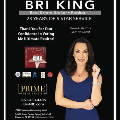 Bri King - Elite's 2022 Ultimate Female Realtor - Bri King is honored to be named 2022 ultimate female realtor of the year by Elite magazine of Santa Clarita Valley!