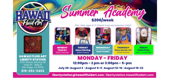 Summer offers 2024 - Looking for something fun to do this summer; Summer Art Academy begins July 29 and runs for four weeks. Pick your week and enjoy the fun.

Our week's homeschool class is not just for homeschoolers but for anyone wanting to learn more about fluid art and painting techniques.