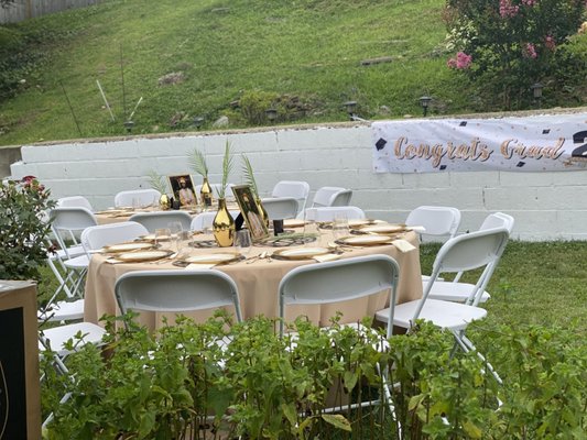Graduation Party - We supplied the white plastic folding chairs, round plastic tables, rectangular tables and table cloth for all tables. We delivered the equipment directly to the clients driveway and picked it back up the following day. Graduation Party - We supplied the white plastic folding chairs, round plastic tables, rectangular tables and table cloth for all tables. We delivered the equipment directly to the clients driveway and picked it back up the following day.