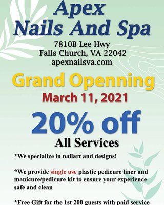 Grand Opening Promotion! - Grand Opening special! 20% off all services today! Grand Opening Promotion! - Grand Opening special! 20% off all services today!