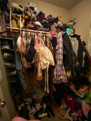 Closet Makeover - This project was for a college student who was working with a fairly small walk-in closet. She was struggling to organize her closet because she didn't know where to begin. Clothes could barely be seen because they were packed in so tight. Loose items like hats and socks got lost in the sea of shoes and purses. There was no system to the madness.
When working with a closet like this, it is essential that we declutter and downsize. Depending on how much stuff you get rid of determines how much extra space you will have. Luckily for this project the client was finding things she didn't even know she had, so it was easy to get rid of things. After decluttering, we talked about her daily routine with her closet. I then used that info to organize her things in a way that complimented her routine. This closet started off as a mess but no space is TOO messy to organize. Closet Makeover - This project was for a college student who was working with a fairly small walk-in closet. She was struggling to organize her closet because she didn't know where to begin. Clothes could barely be seen because they were packed in so tight. Loose items like hats and socks got lost in the sea of shoes and purses. There was no system to the madness.
When working with a closet like this, it is essential that we declutter and downsize. Depending on how much stuff you get rid of determines how much extra space you will have. Luckily for this project the client was finding things she didn't even know she had, so it was easy to get rid of things. After decluttering, we talked about her daily routine with her closet. I then used that info to organize her things in a way that complimented her routine. This closet started off as a mess but no space is TOO messy to organize.