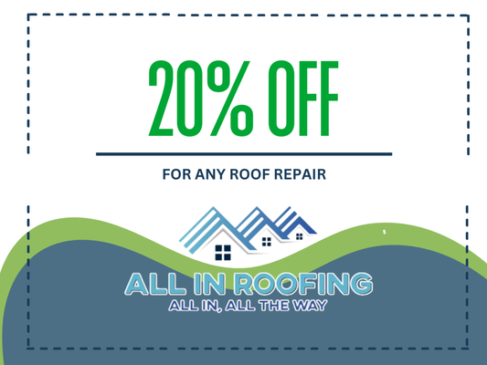Save 20% on Any Roof Repair - Has your roof seen better days? Whether you're dealing with leaks, missing shingles, or minor damage, now’s the perfect time to fix it! For a limited time, All In Roofing is offering 20% off on any roof repair. Our skilled team is ready to restore your roof’s integrity and extend its life, saving you money and protecting your home from further damage.