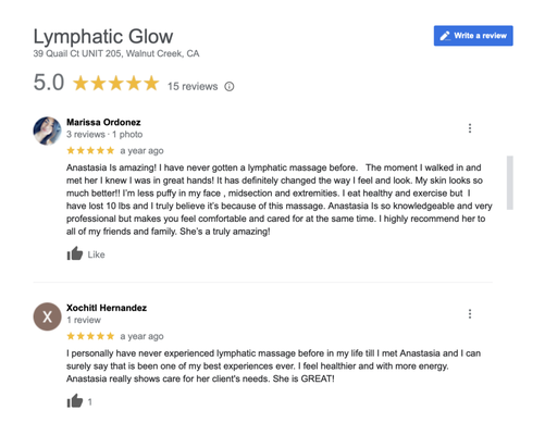 Reviews | References | Testimonials - Thank you for considering Lymphatic Glow for your next appointment. We appreciate your understanding as we continue to grow our Yelp reviews. We believe in transparency so please feel free to checkout what others have said about service elsewhere online. 
------
*please feel free to reference testimonials on our google listing