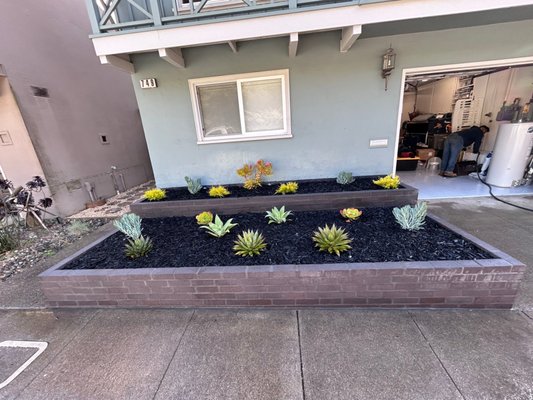 Brick Planter Box With Low Maintenance Plants - We constructed planter boxes using bricks, incorporated miradrain for drainage, installed gopher wire, and filled them with mulch and low-maintenance plants. Brick Planter Box With Low Maintenance Plants - We constructed planter boxes using bricks, incorporated miradrain for drainage, installed gopher wire, and filled them with mulch and low-maintenance plants.