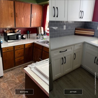 Full Remodel - A full remodel done on a small square kitchen. Complete with new cabinets, backsplash, and countertops. Drywall and subfloor work was also completed to get the final result!