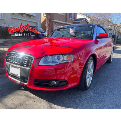 2007 Audi A4 - This repair required all new parts. The hood, headlight, fender, front bumper and several internal supports and brackets were replaced with after market and recycled options to keep the price as low as possible for our customer. All parts were painted in house.