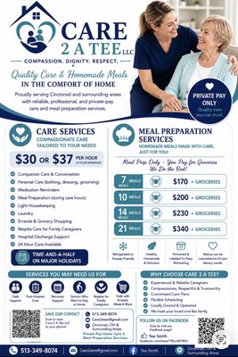 Private In-Home Care & Senior Support - Care 2 A Tee provides dependable, compassionate in-home care for seniors and adults who need extra support while remaining comfortable in their own homes. Services include personal care, companionship, meal preparation, light housekeeping, medication reminders, mobility assistance, respite care, and help with daily activities. We provide personalized care based on each client’s individual needs and schedule. Private-pay care is available in Cincinnati and surrounding areas. Private In-Home Care & Senior Support - Care 2 A Tee provides dependable, compassionate in-home care for seniors and adults who need extra support while remaining comfortable in their own homes. Services include personal care, companionship, meal preparation, light housekeeping, medication reminders, mobility assistance, respite care, and help with daily activities. We provide personalized care based on each client’s individual needs and schedule. Private-pay care is available in Cincinnati and surrounding areas.
