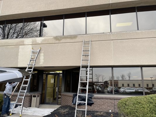 Tall oaks/ moorsetown, Lenola Rd. - EIFS is failing around both buildings on the property, but on this side of building 1, constant leaks, and air getting through the windows and all bad areas.

We patched all the bad spots on this side, with rapid set.(high strength structural repair mortar), floated it out, then painted the section one end to the other, with 2 coats of sherwin Williams exterior super paint.