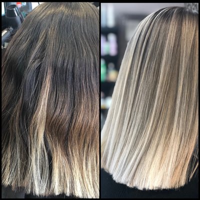 Balayage - This person came with that very orange color Looking for it to be lightened with a dark base and white Highlights of course I did but in the end he decided to put a lavender color That will only last a couple of weeks and in the end it will be white again. Balayage - This person came with that very orange color Looking for it to be lightened with a dark base and white Highlights of course I did but in the end he decided to put a lavender color That will only last a couple of weeks and in the end it will be white again.