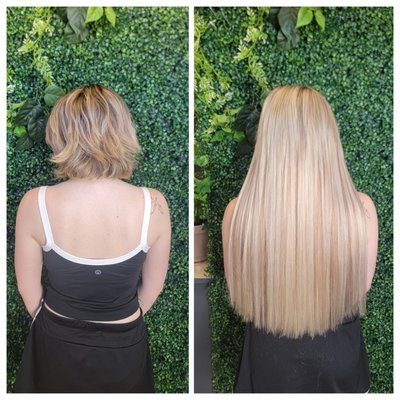 From short hair to long sleeve n one day!! - Eight hours of meticulous work, including a full color correction to achieve a flawless blend with the extensions, the application of three weft rows with exceptional precision and cleanliness, and two packs of K-tips placed around the face to ensure a seamless, soft, and beautifully natural result.