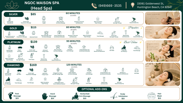 Ngoc Maison Spa Service Menu - Our Head Spa Service Menu featuring Silver, Gold. Platinum, and Diamond packages. Customized scalp treatments, deep cleansing, relaxation massage, and hair care services available.