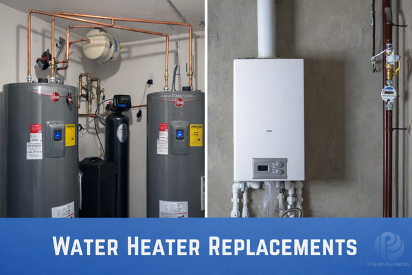 Water Heater Replacements (Traditional and Tankless) - Water Heater Replacement Services in Phoenix, AZ
Nothing disrupts your daily routine quite like running out of hot water — or worse, discovering a leaking water heater threatening to damage your home. At Ocean Plumbing, we make water heater replacement fast, straightforward, and stress-free for Phoenix homeowners.
Our licensed plumbers handle the full replacement process from start to finish. We'll assess your current unit, help you choose the right replacement based on your household's needs and budget, and install it efficiently — so you're back to hot showers and clean dishes without the headache.
We work with a full range of water heater options, including:
Traditional tank water heaters — reliable, cost-effective, and available in a variety of sizes
Tankless water heaters — on-demand hot water with superior energy efficiency and a longer lifespan
Gas and electric models — we work with all major brands and fuel types
Whether your current unit is leaking, failing to heat properly, making strange noises, or simply past its prime, we'll give you an honest assessment and a clear quote before any work begins. No upselling, no surprises — just dependable service from a team Phoenix homeowners trust.
Signs it's time to replace your water heater:
Unit is 10+ years old
Rusty or discolored hot water
Inconsistent water temperature
Rumbling or popping noises coming from the tank
Visible leaks or pooling water around the unit
Skyrocketing energy bills
We offer free estimates on all water heater replacements. Call Ocean Plumbing today and get your hot water back — fast. Water Heater Replacements (Traditional and Tankless) - Water Heater Replacement Services in Phoenix, AZ
Nothing disrupts your daily routine quite like running out of hot water — or worse, discovering a leaking water heater threatening to damage your home. At Ocean Plumbing, we make water heater replacement fast, straightforward, and stress-free for Phoenix homeowners.
Our licensed plumbers handle the full replacement process from start to finish. We'll assess your current unit, help you choose the right replacement based on your household's needs and budget, and install it efficiently — so you're back to hot showers and clean dishes without the headache.
We work with a full range of water heater options, including:
Traditional tank water heaters — reliable, cost-effective, and available in a variety of sizes
Tankless water heaters — on-demand hot water with superior energy efficiency and a longer lifespan
Gas and electric models — we work with all major brands and fuel types
Whether your current unit is leaking, failing to heat properly, making strange noises, or simply past its prime, we'll give you an honest assessment and a clear quote before any work begins. No upselling, no surprises — just dependable service from a team Phoenix homeowners trust.
Signs it's time to replace your water heater:
Unit is 10+ years old
Rusty or discolored hot water
Inconsistent water temperature
Rumbling or popping noises coming from the tank
Visible leaks or pooling water around the unit
Skyrocketing energy bills
We offer free estimates on all water heater replacements. Call Ocean Plumbing today and get your hot water back — fast.